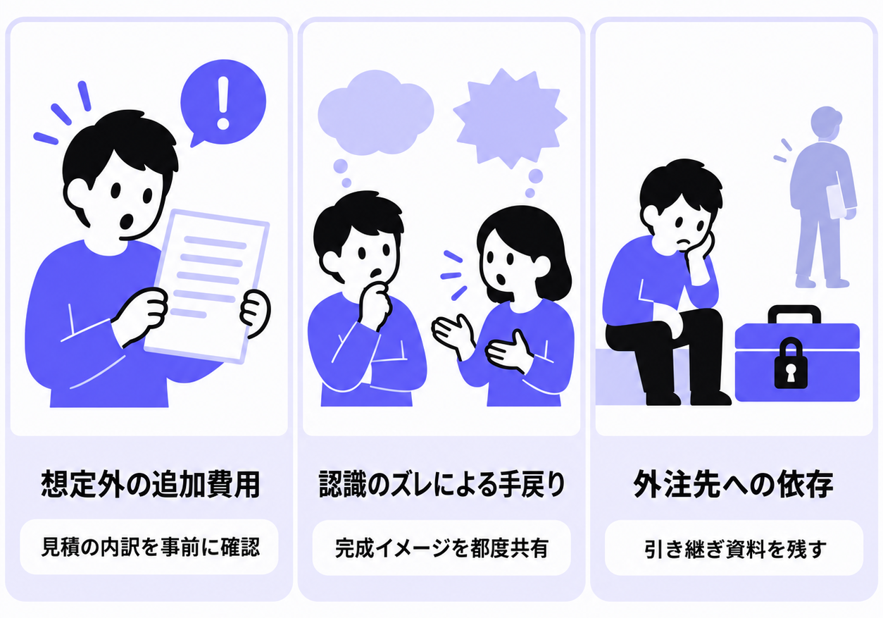 外注の3つのリスク(追加費用・認識のズレ・外注依存)と回避策を示す独立したカードのイラスト