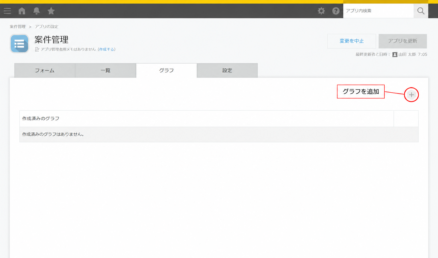 kintoneアプリ設定のグラフタブ。+ボタンから集計グラフを追加する